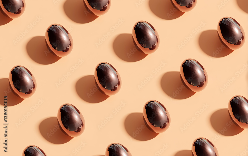 Dark Chocolate Easter Egg Pattern on Peach Colored Background, Modern Minimal Holiday Concept Dark Chocolate Easter Egg Pattern on Peach Colored Background, Modern Minimal Holiday Concept