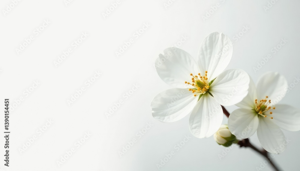 Delicate white blossom against pure white backdrop, soft, serenity Delicate white blossom against pure white backdrop, soft, serenity