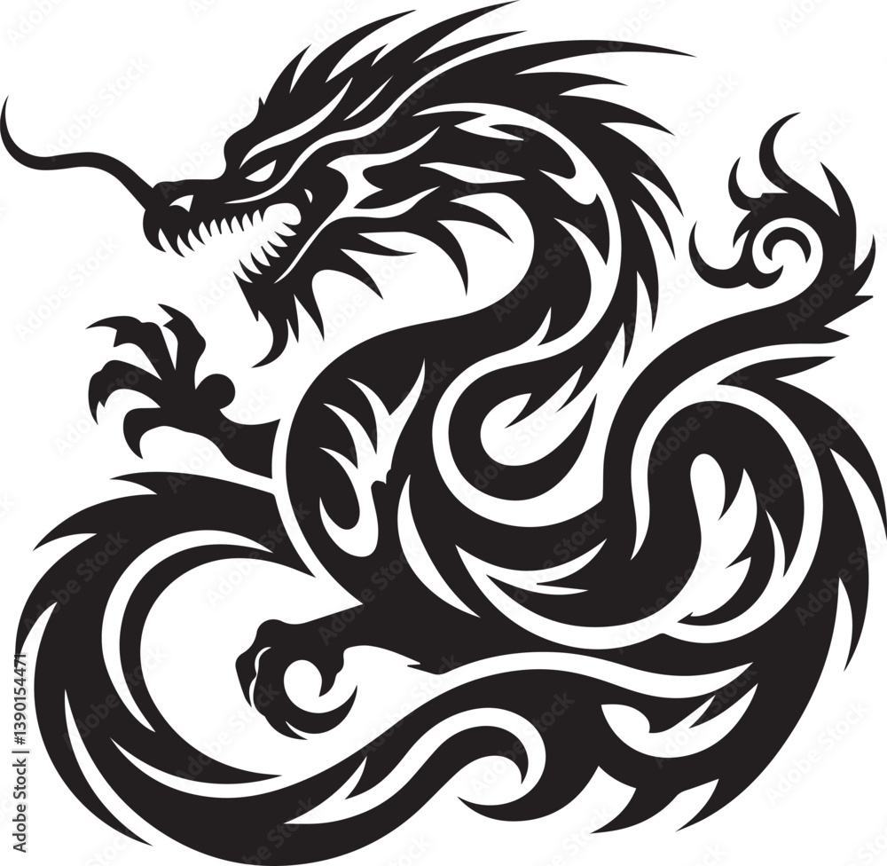 Fototapeta premium Tribal Dragon Tattoo Vector Illustration – Black Stylized Mythical Beast Design
