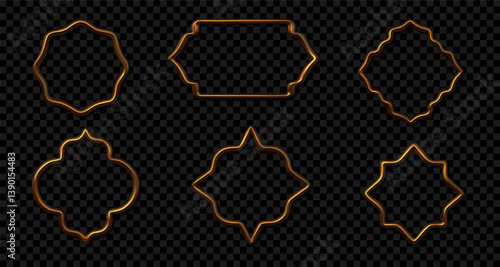Gold frame. 3d ramadan golden arab shape, islamic raya ornament for mosque shiny metal window, middle eastern arabian arch. Festive banner decoration template. Vector isolated icon