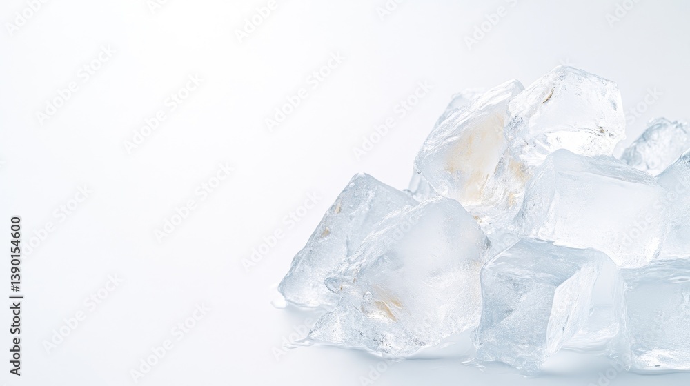 Obraz premium Ice Cubes Pile Clean Minimalist Style High-resolution Studio Lighting Close-up Scattered Arrangement Translucent Texture Refreshing Concept White Background Cool Icy Tones Drink Advertisement