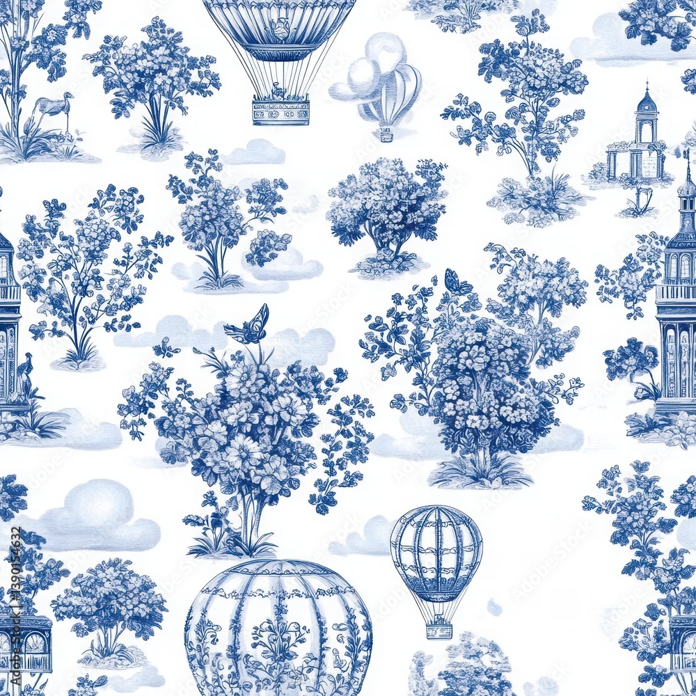 Vintage Blue and White Floral Design with Hot Air Balloons and Trees