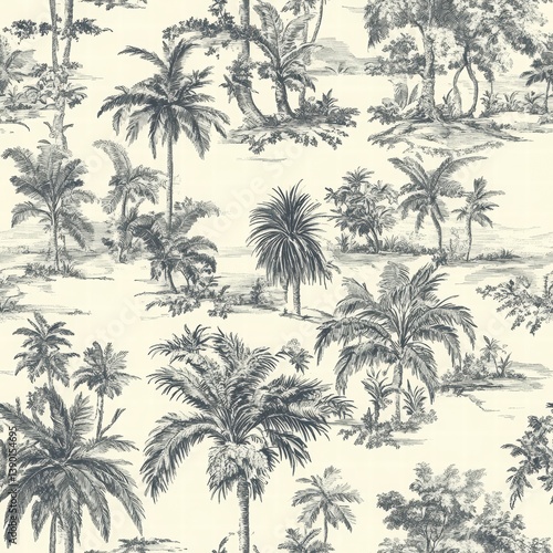 Obraz na płótnie Tropical Forest Pattern with Lush Greenery and Palm Trees Design w salonie