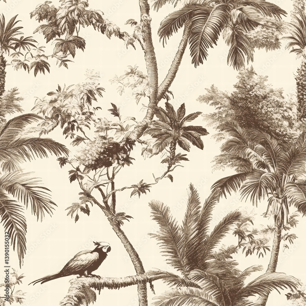 Tropical Scene with Birds and Lush Greenery in Vintage Style