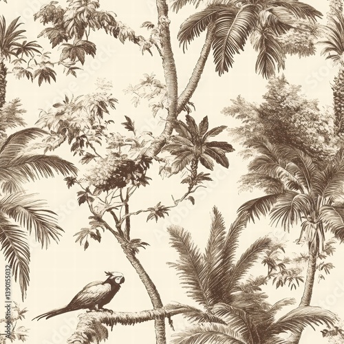 Obraz na płótnie Tropical Scene with Birds and Lush Greenery in Vintage Style w salonie