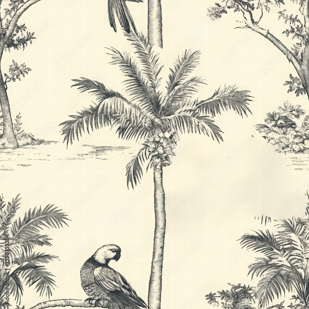 Tropical Jungle Bird and Palm Leaf Pattern Background Design