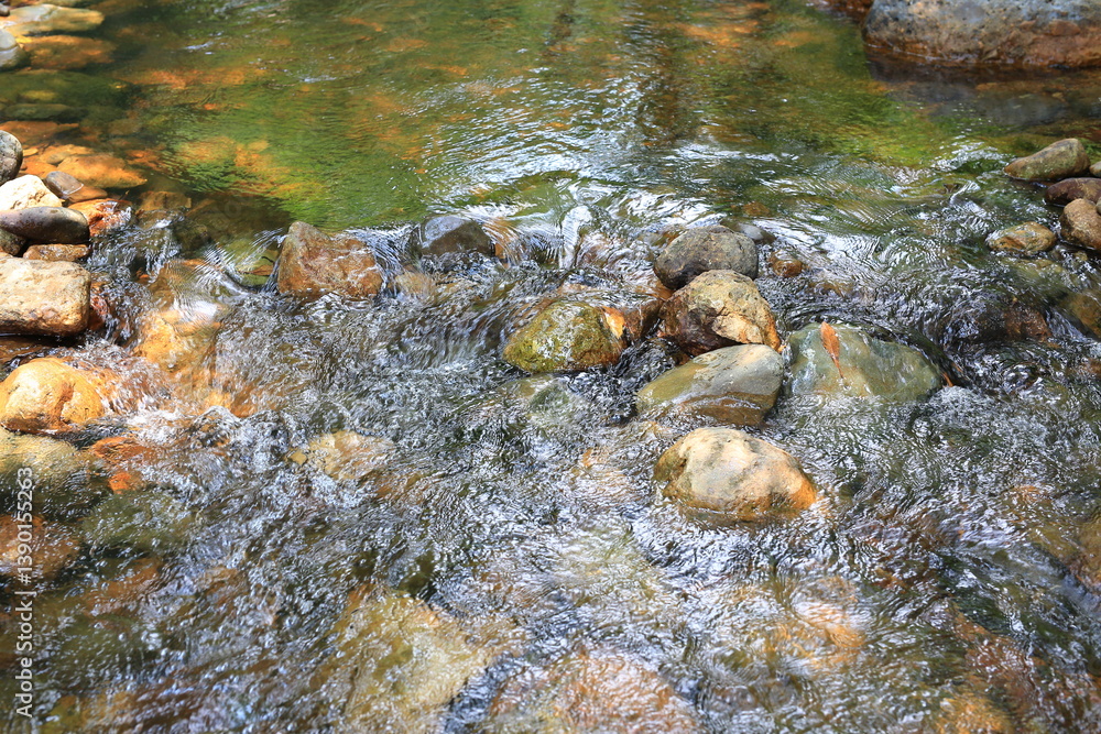 Water flowing through rock, pebbles in stream and forest.
