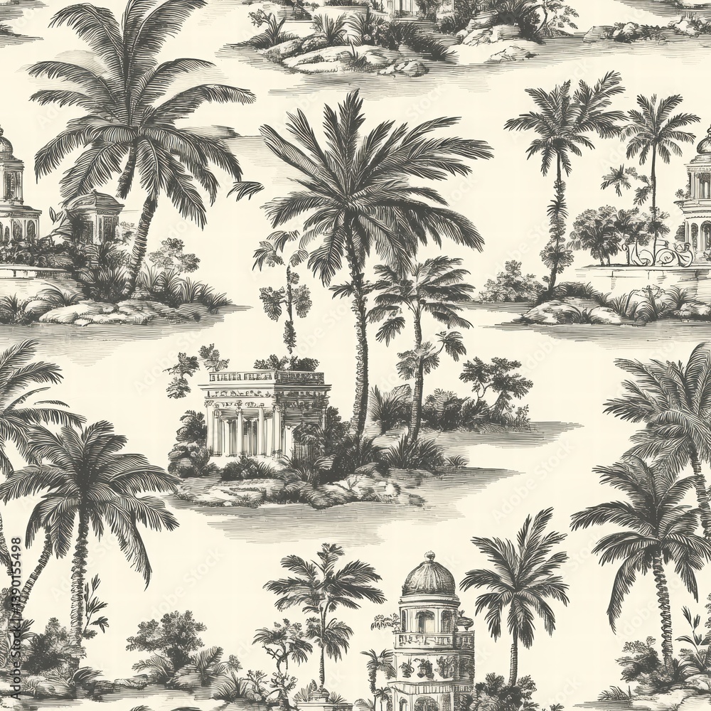 Tropical Palm Pattern with Vintage Architecture and Scenic Background