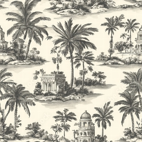 Obraz na płótnie Tropical Palm Pattern with Vintage Architecture and Scenic Background w salonie