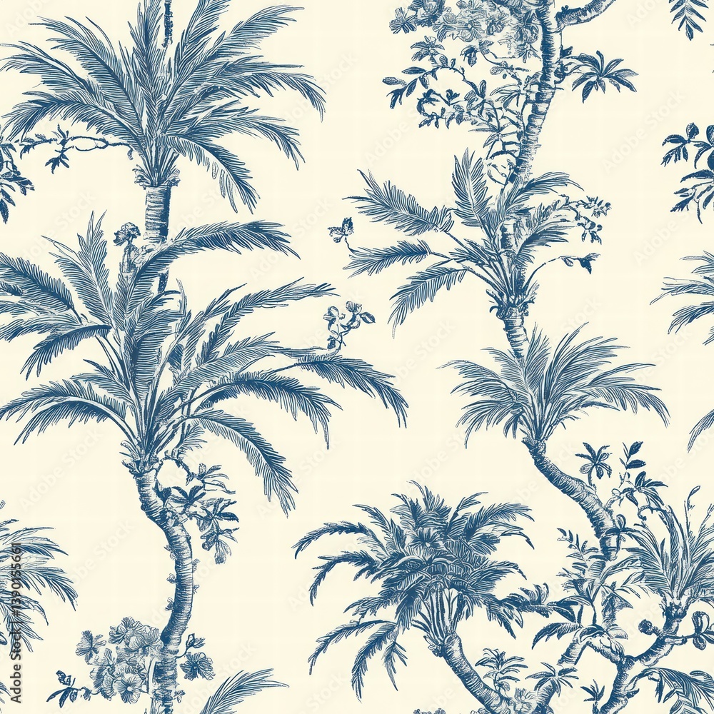 Tropical Botanical Pattern with Palm Trees and Floral Elements