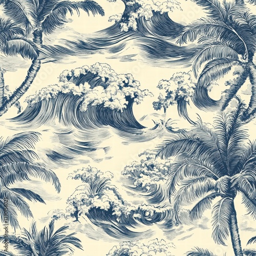 Tropical Waves and Palm Trees Pattern in Vintage Style