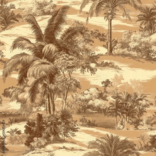 Obraz na płótnie Tropical Landscape with Lush Vegetation and Elegant Palm Trees w salonie