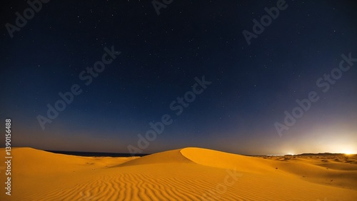 Fototapeta Naklejka Na Ścianę i Meble -  Golden Sand Dunes Under Starry Night Sky with a Distant Light