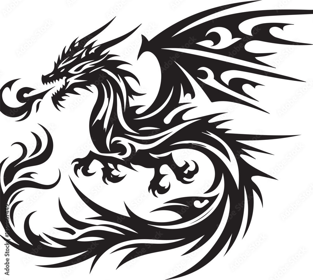 Fototapeta premium Tribal Dragon Tattoo Vector Illustration – Black Stylized Mythical Beast Design