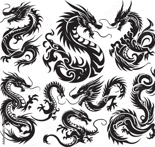 Tribal Dragon Tattoo Vector Illustration – Black Stylized Mythical Beast Design

