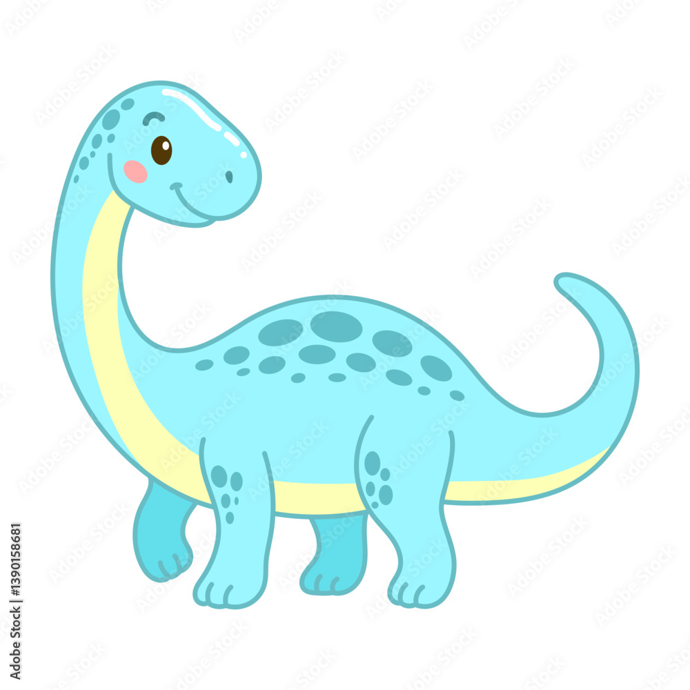 Cute blue cartoon brachiosaurus dinosaur with long neck and smile Cute blue cartoon brachiosaurus dinosaur with long neck and smile