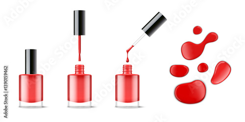 Nail polish. 3D varnish bottle. Nailpolish enamel with realistic fingernail brush. Liquid manicure cover. Cosmetic jar with lid. Red splash drop. Vector lacquer container mockups set