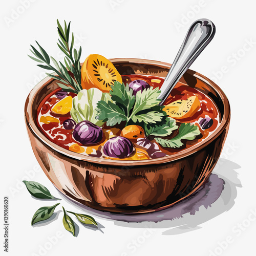 Watercolor Venison Stew with Root Vegetables and Herbs