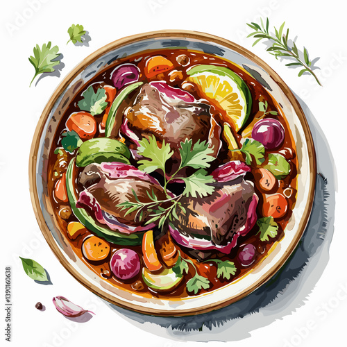 Watercolor Venison Stew with Root Vegetables and Herbs
