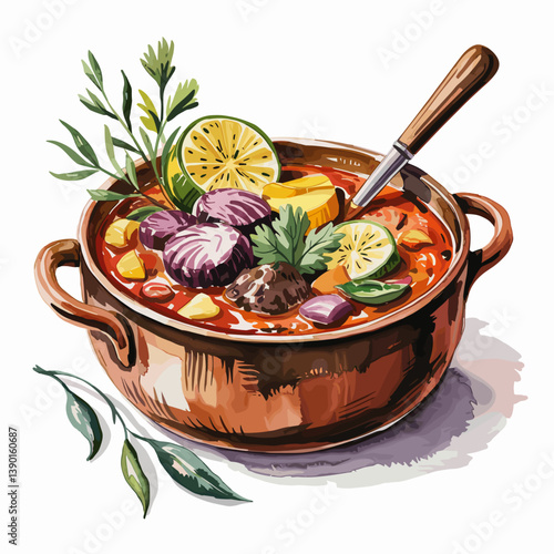 Watercolor Venison Stew with Root Vegetables and Herbs