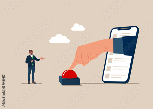 Business launch. Tiny businessman and giant's hand а from smartphone screen presses the start red button. Push start. Modern flat vector illustration. 