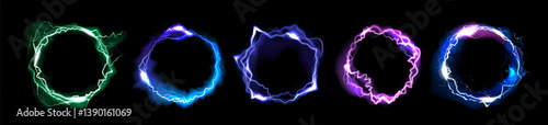 Thunder light. Power energy circle, neon flare effect or flash graphic strike lighting. Magic shock glow. Thunderbolt luminous round frame. Green blue and purple sparkles. Vector background