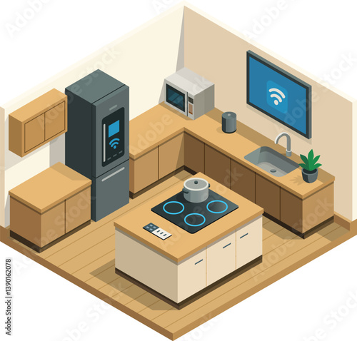 Isometric smart kitchen with connected kitchen appliances