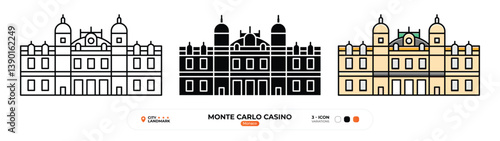Monte Carlo Casino Line Icon. Monaco, Landmark, Silhouette, Color Vector, Editable Stroke.