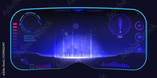 Metaverse in VR. Virtual future world. Digital reality with AR city technology or 3D game. AI tech. Augmented NFT. Hologram interface. Cyberspace view through glasses. Vector background