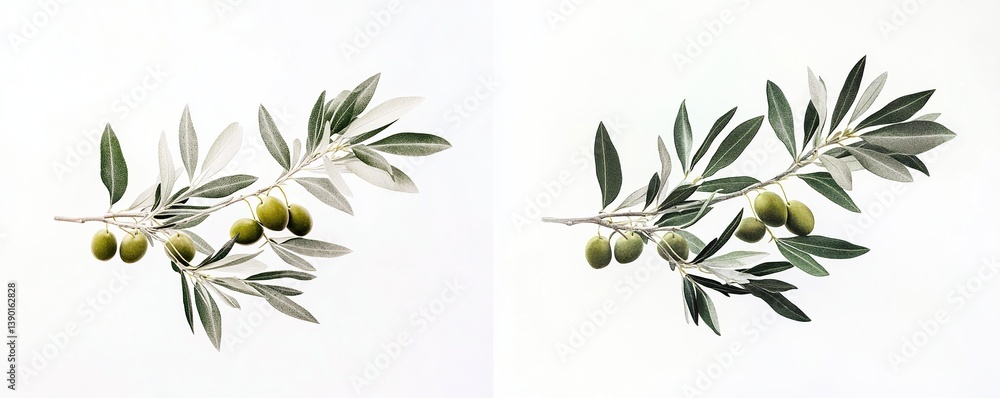 Naklejka premium Two Olive Branches with Green Leaves and Olives on White Background