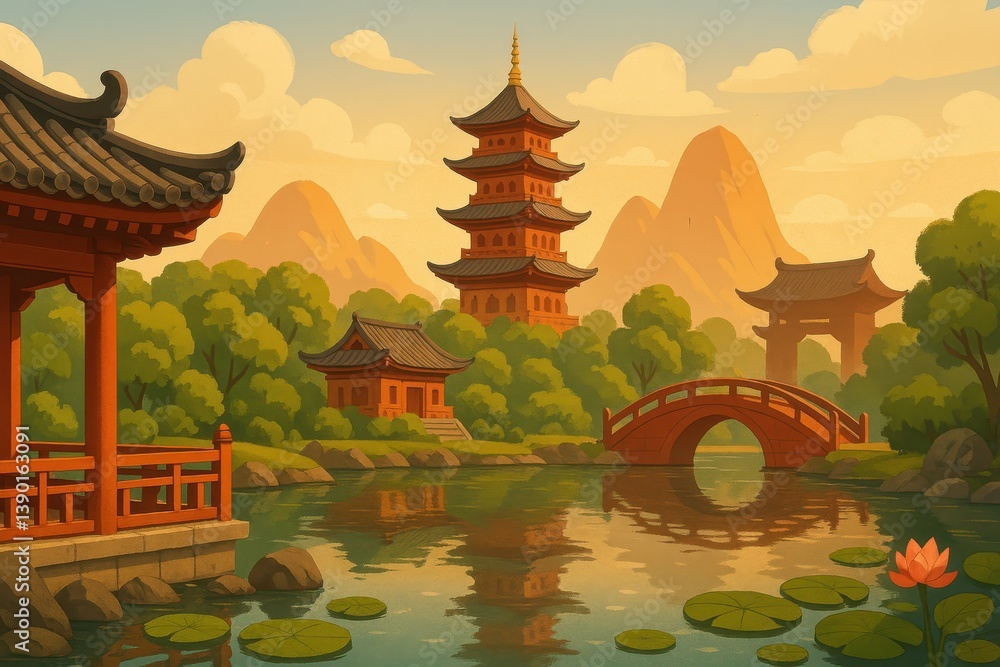 Obraz premium Serene Asian Landscape with Pagoda and Reflective Water Features