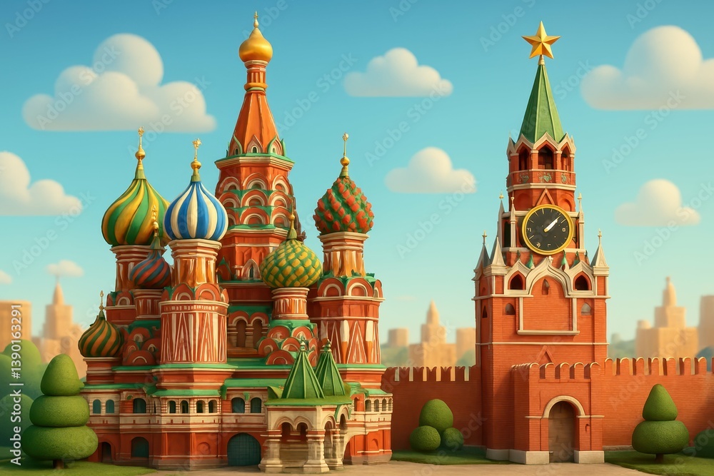 Fototapeta premium Colorful Architectural Landmark with Domes and Clock Tower in Background