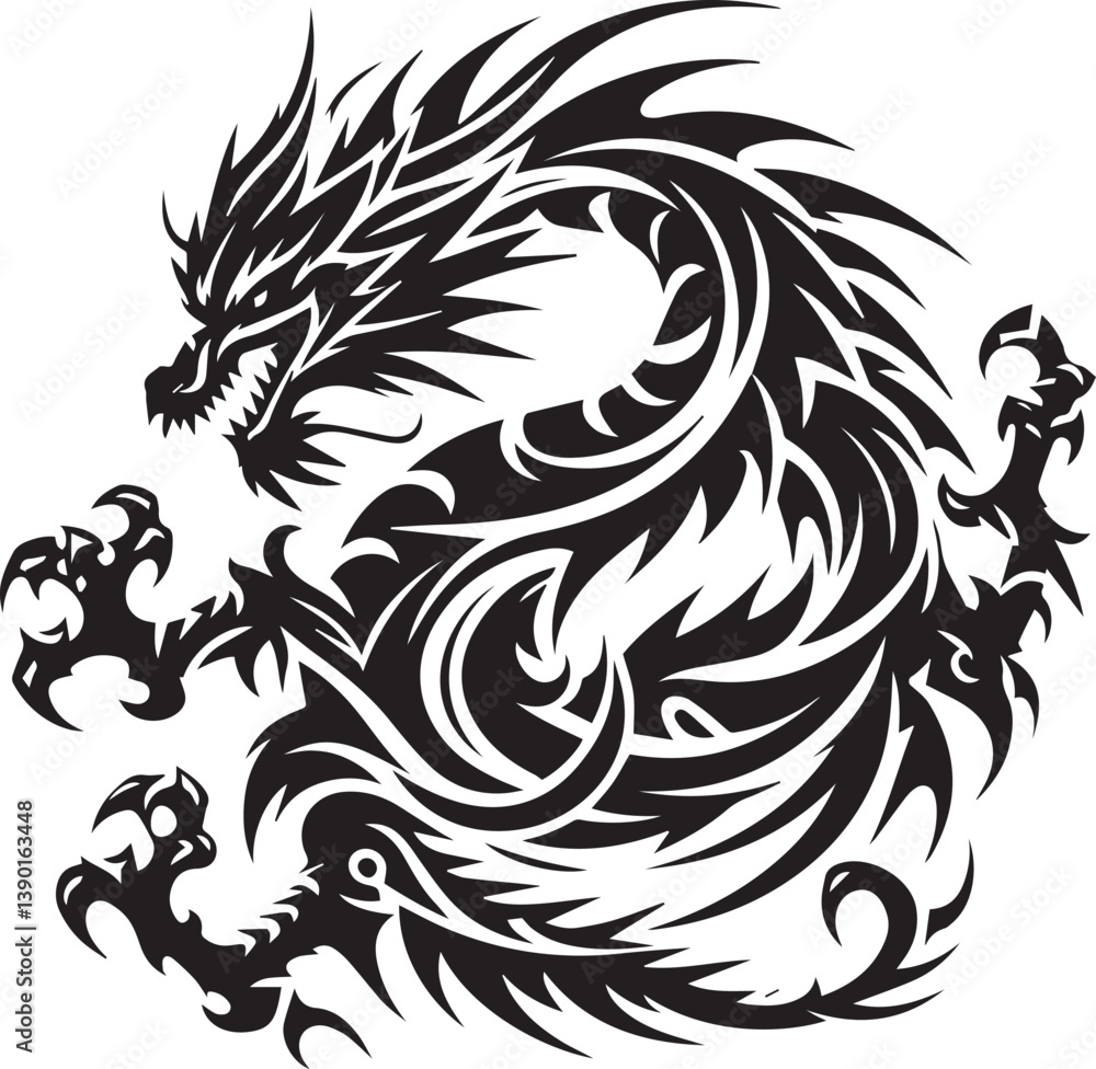 Obraz premium Tribal Dragon Tattoo Vector Illustration – Black Stylized Mythical Beast Design