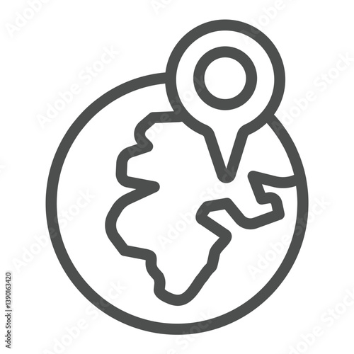 Earth planet with location pinpoin line icon, world globe concept. Vector graphics. Planet desert place pointer, navigation sign on white background, outline style icon for mobile or web design.