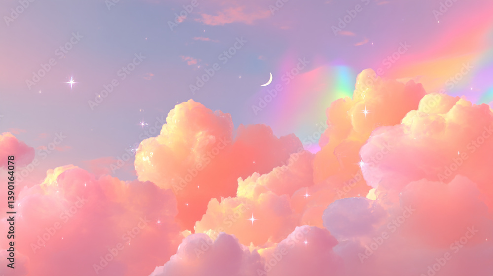 Fototapeta premium Dreamy pastel sky with fluffy clouds, a crescent moon, sparkles, and a rainbow aura in soft colors