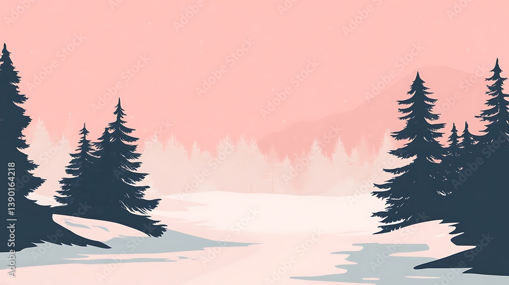 Fototapeta premium Pink winter landscape with snow-covered ground and silhouette pine trees.
