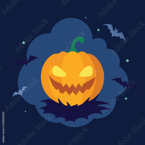 Eerie Halloween Pumpkin Illustration with Bats and a Starry Night Backdrop