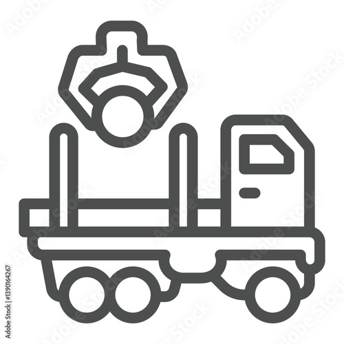 Truck with logs and crane arm line icon, forestry concept. Vector graphics. Tree trunk truck, loading sign on white background, outline style icon for mobile or web design.