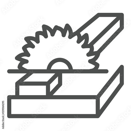 Circular saw with wooden plank line icon, woodwork concept. Vector graphics. Wood sawing workbench, carpentry sign on white background, outline style icon for mobile or web design.