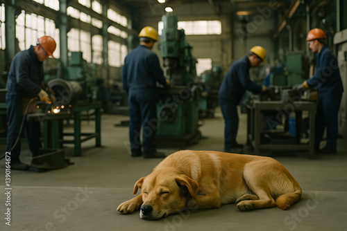 Industrial Workshop With Workers and a Sleeping Dog