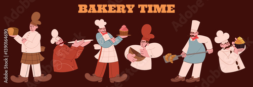 Bakery shop. Baker with bread, characters in sweet cooking shop. Retro man chef in apron make cake, tasty pastries and cookies, people bake food. Vector doodles, cartoon isolated illustration
