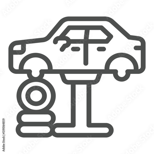 Vehicle carcass and tires line icon, car service concept. Vector graphics. Lift jack with automobile, repair sign on white background, outline style icon for mobile or web design.