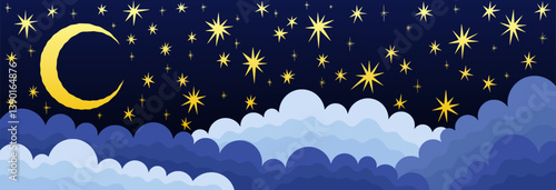 Night sky. Stars, moon and clouds for cute sleep. Gradient crescent for kid dream. Goodnight landscape. Fairytale twilight. Nighttime heaven. Vector dark midnight cloudscape background
