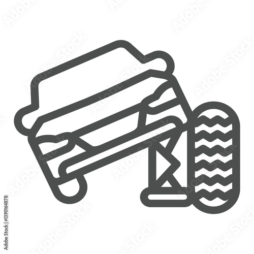 Vehicle with foldable jack and wheel line icon, car service concept. Vector graphics. Spare tire and car, fitting sign on white background, outline style icon for mobile or web design.