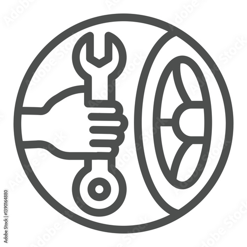 Mechanician hand at car wheel line icon, tires fitting concept. Vector graphics. Wheel and spanner in hand, service sign on white background, outline style icon for mobile or web design.