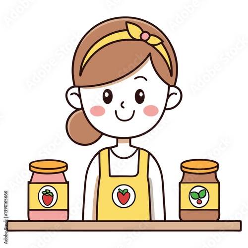Cartoon Woman with Apron and Jars of Strawberry and Plant Jam on Shelf