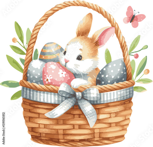 A vector watercolor vector illustration of a bunny in a basket with colorful easter eggs