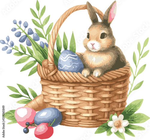 A vector watercolor vector illustration of a bunny in a basket with colorful easter eggs