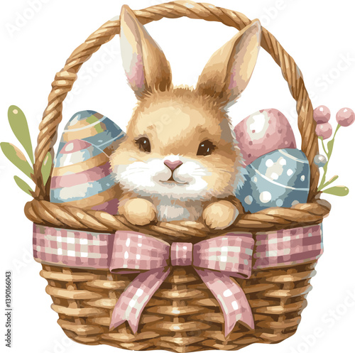 A vector watercolor vector illustration of a bunny in a basket with colorful easter eggs