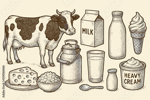 Dairy products and farm fresh milk illustrations for food design projects